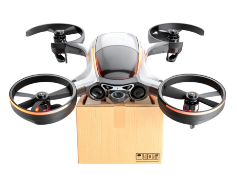 Futuristic Drone Delivery Carrying Package PNG - Powered by Adobe