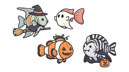 Spooky Underwater Crew: A whimsical illustration features four adorable fish, each in a unique Halloween costume, ready for some aquatic fun!