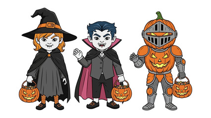Halloween Characters Parade: An illustration of three costumed figures ready for a spooky adventure, showcasing traditional Halloween costumes such as witch, vampire, and pumpkin knight.