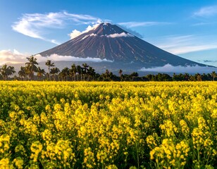A vibrant field of yellow flowers before a volcano