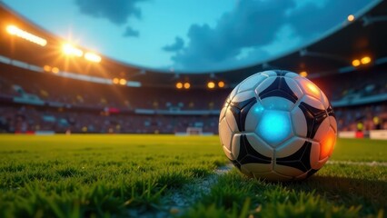 A glowing soccer ball rests on the lush green grass of a stadium, illuminated by the bright stadium lights at dusk