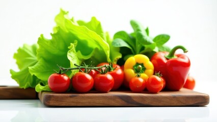 A vibrant assortment of fresh garden vegetables, including ripe cherry tomatoes, crisp lettuce, and bell peppers, artfully arranged on a rustic wooden cutting board, ready for culinary creation.