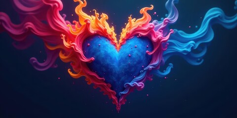 A vibrant blue heart engulfed in a swirling vortex of pink, orange, and blue paint, a dynamic representation of passionate emotion