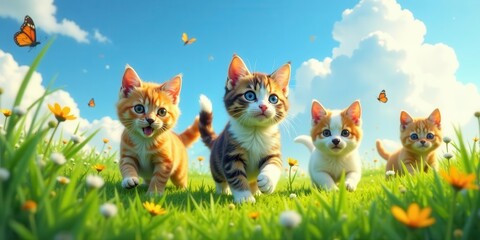 Delightful kittens frolicking in a vibrant meadow, surrounded by blooming wildflowers and fluttering butterflies, a picturesque scene of springtime joy