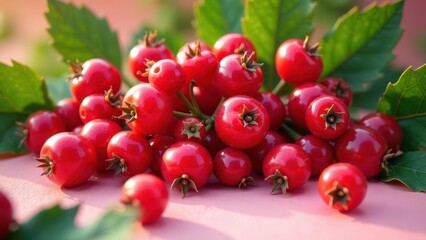 A vibrant cluster of sun-kissed red berries, nestled amongst lush green foliage, rests gently on a soft pink surface.