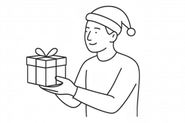 Person in santa hat gifting christmas present, celebrating winter holiday, sharing holiday spirit, flat line art