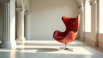 A red leather egg chair sits elegantly in a sunlit hall with classic columns, creating a serene and sophisticated atmosphere.