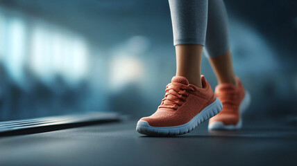 Determined woman with an orange shoe starting running workout on gym treadmill. focused moment of fitness and healthy lifestyle startup