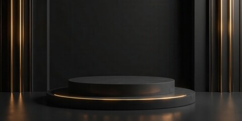 Elegant Black and Gold Circular Platform with Subtle Illumination for Product Presentation