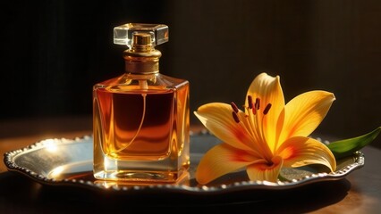 Aromatic Essence Golden Perfume in Elegant Glass Bottle with Sunny Lily on Silver Tray