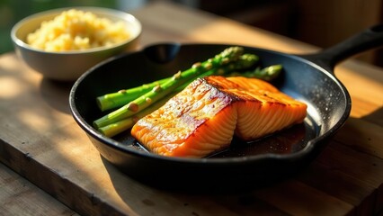 Golden-crusted pan-seared salmon fillet with roasted asparagus and a side of creamy grain