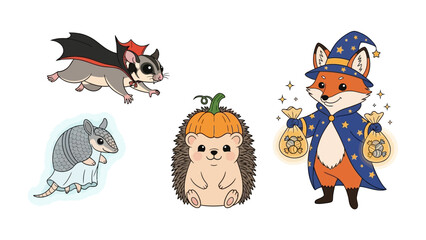 Whimsical Halloween Animals: A delightful ensemble of charming creatures dressed up in festive Halloween costumes, bringing joy and a touch of spookiness to the holiday season.