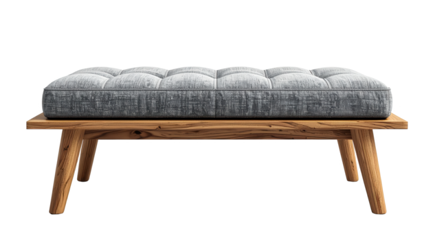 Modern wooden bench with a tufted gray cushion, showcasing a contemporary design aesthetic and providing comfort in a minimalist home setting, against a black background.