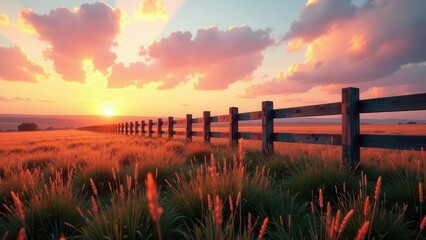 Serene Sunset Over a Golden Meadow, Adorned with a Rustic Wooden Fence, Extending Towards the Horizon