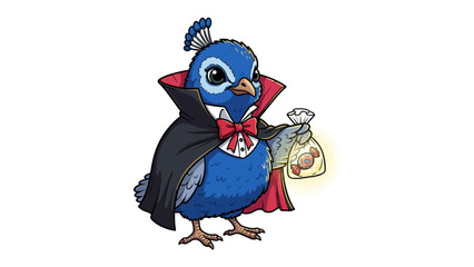 Naklejka premium Halloween Bird with Costume: A whimsical cartoon illustration of a cute blue bird donning a vampire costume, holding a bag with treats, embodying Halloween spirit.