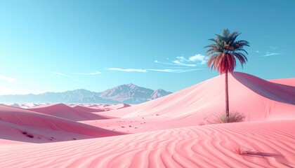 Pink sand desert with a single palm tree