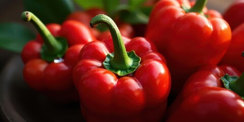 Close-up View of Vibrant Red Bell Peppers Glowing in Soft Sunlight, Displaying Their Freshness and Juicy Texture