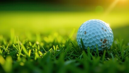 A slightly worn golf ball rests peacefully in a lush green field, bathed in the warm glow of the setting sun, a serene moment on the course