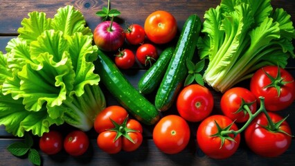 A vibrant assortment of fresh garden produce, including crisp lettuce, juicy tomatoes, and refreshing cucumbers, arranged artfully on a rustic wooden surface.