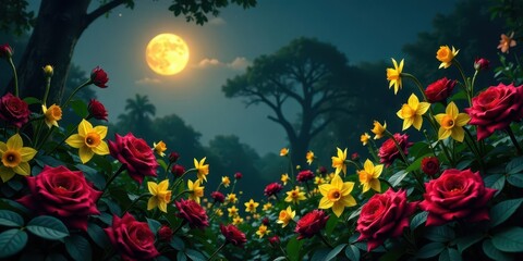 Serene Night Garden Crimson Roses and Golden Daffodils Bloom Under a Full Moon's Gentle Glow in a Dark Forest Setting