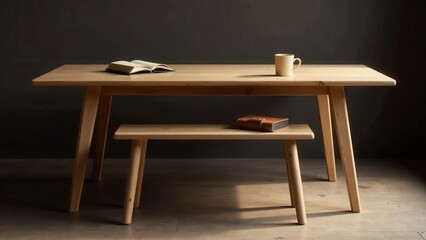 A simple wooden table and bench set, showcasing minimalist design in a subdued setting with a book, mug, and small leather-bound item