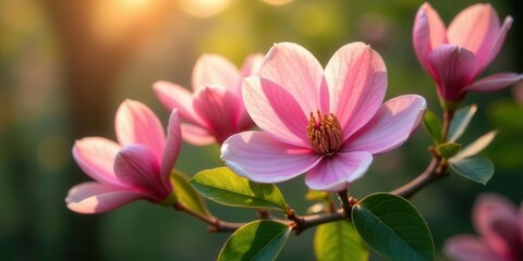 Delicate Pink Magnolia Blossoms Illuminated by Warm Sunset Light on a Branch with Lush Green Leaves