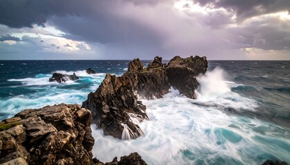 Dramatic Coastal Scene Waves Crashing on Rocky Cliffs Under Stormy Sky.