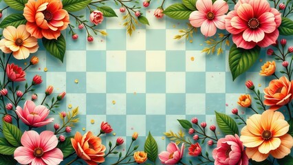Vibrant Floral Border on a Checkered Pastel Background, Perfect for Springtime Designs and Festive Celebrations