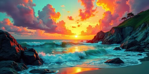 Vibrant Sunset Over Ocean Waves Crashing on Rocky Shore With Lush Green Hillside