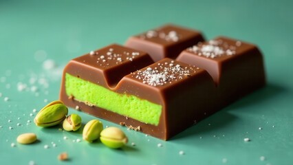 A delectable milk chocolate bar infused with a vibrant pistachio cream layer, delicately dusted with sea salt crystals and accompanied by whole pistachios