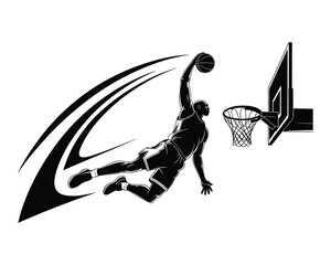 Dynamic silhouette of a basketball player performing a powerful slam dunk with motion lines and a hoop