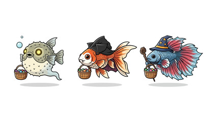 Whimsical Fish Trio: An enchanting illustration of three fantastical fish, each donned in a charming costume, merrily bearing miniature baskets for a touch of playful allure.