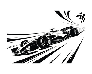 Dynamic black and white illustration of a formula 1 racing car speeding towards the finish line with motion blur