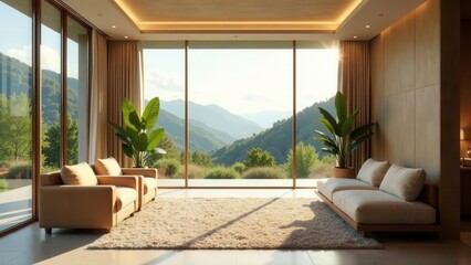 Fototapeta premium Serene Mountain View Living Room with Modern Minimalist Furniture and Floor-to-Ceiling Windows