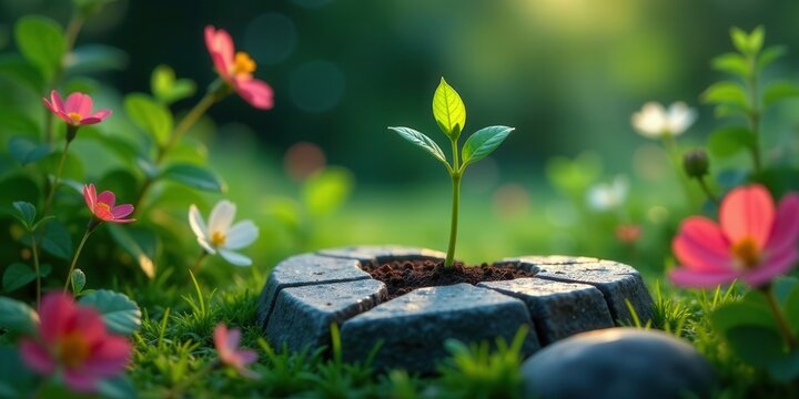 A resilient sprout emerges from fractured stone, symbolizing growth and perseverance amidst hardship in a vibrant garden setting