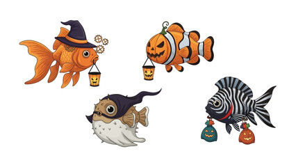 Halloween underwater: A festive collection of whimsical fishes donning Halloween costumes, ready to celebrate the spookiest night of the year with their unique underwater party.