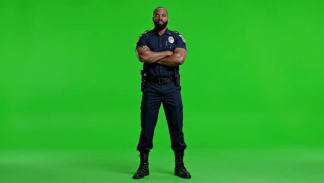 Confident African American Police Officer Standing Against Green Screen.