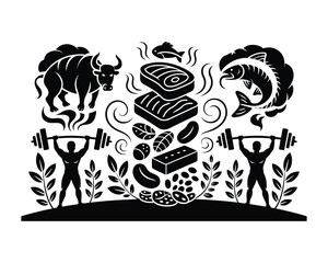 Black and white illustration of healthy protein sources and fitness for a strong body and healthy lifestyle