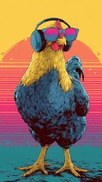 Bright illustrated parrot wearing sunglasses and headphones stands on a gradient retro sunset beach