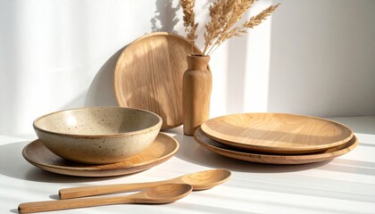 Wooden tableware display in bright sunlit, minimal setting
