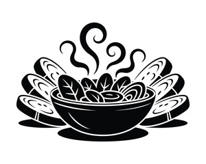 Stylized black and white illustration of a steaming bowl of fresh salad surrounded by sliced vegetables