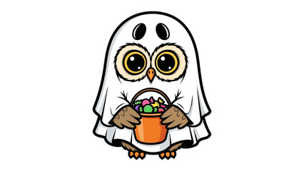 Spooky Owl in Costume: A cute owl dressed as a ghost holds a candy bucket, perfect for Halloween celebrations, its big eyes radiating innocence and anticipation.