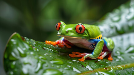 Fototapeta premium Costa Rica Red Eye Tree Frog. A Red-Eye Tree frog on a leaf in the rain forest, Costa Rica