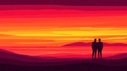 Fototapeta premium Couple standing together on hill watching vibrant sunset with warm orange and red tones creating romantic and peaceful atmosphere