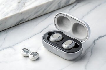 A pair of black wireless earbuds with charging case on a white marble surface in a studio setting