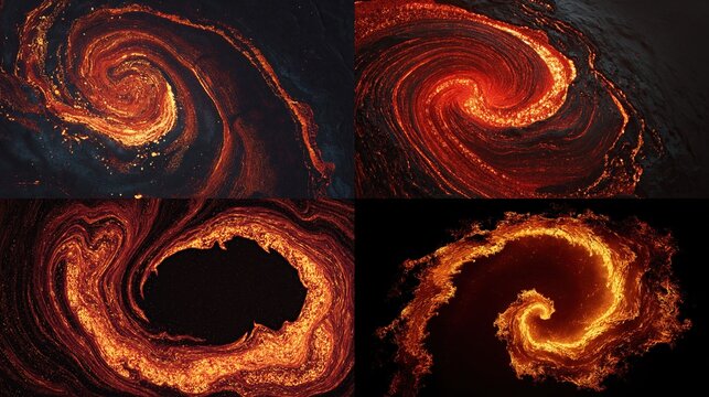 Four abstract images of swirling, fiery, and glowing patterns, resembling celestial phenomena or molten material