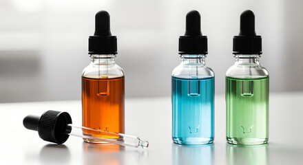 Three Dropper Bottles with Different Colored Liquids