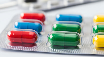 Colorful Medicine Capsules in Blister Packs on a White Surface