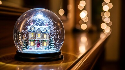 A festive snow globe with a miniature house illuminated on a wooden surface, with bokeh lights.