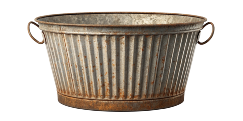 Old Rustic Galvanized Metal Bucket with Side Handles Isolated on Transparent Background
Vintage Weathered Metal Pail with Rusty Edges and Aged Surface Cut Out